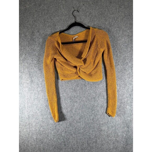 Zara Sweater Women Small Cropped Gold Tight‎ Knit Twist Front Long Sleeve - Picture 1 of 7